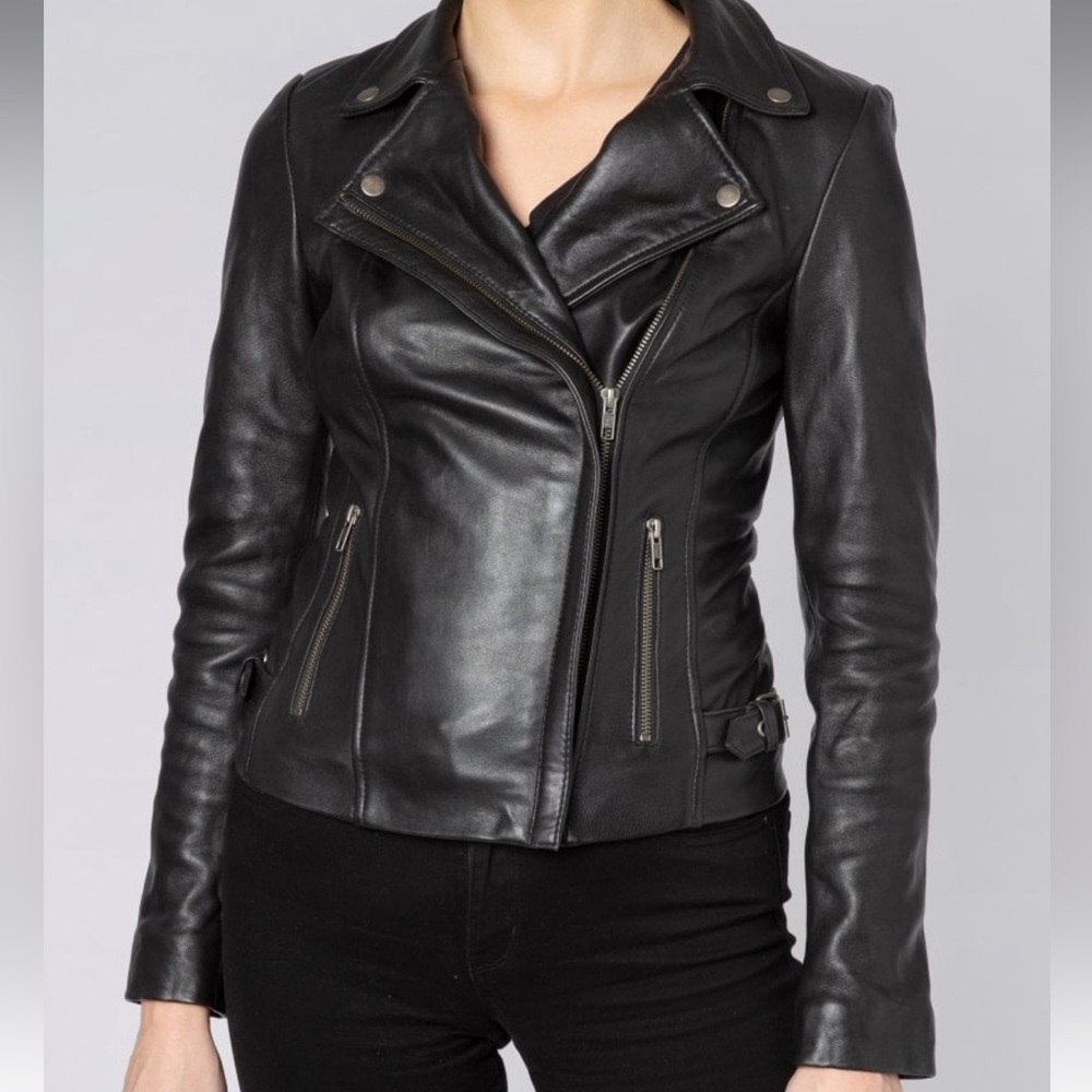Muubaa Black Leather Asymmetrical Moto Jacket